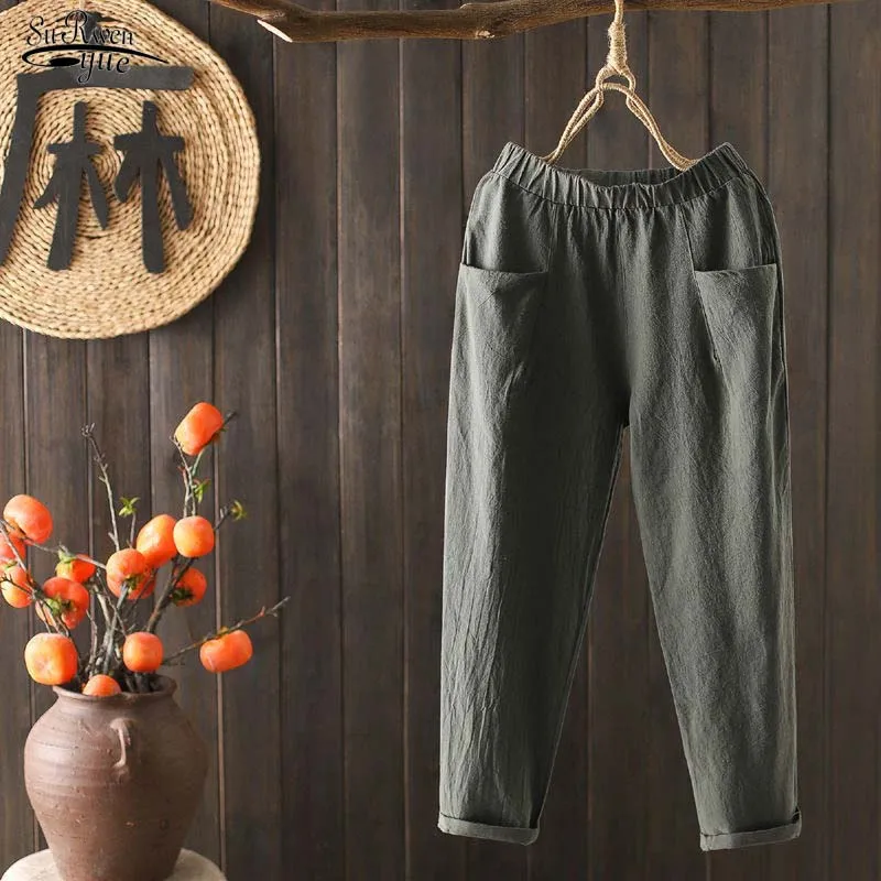 

2022 Summer New Plus Size Cotton Pants Women Loose Elastic Waist Casual White Harem Pants Women Pocket Cotton Linen Pants 19722