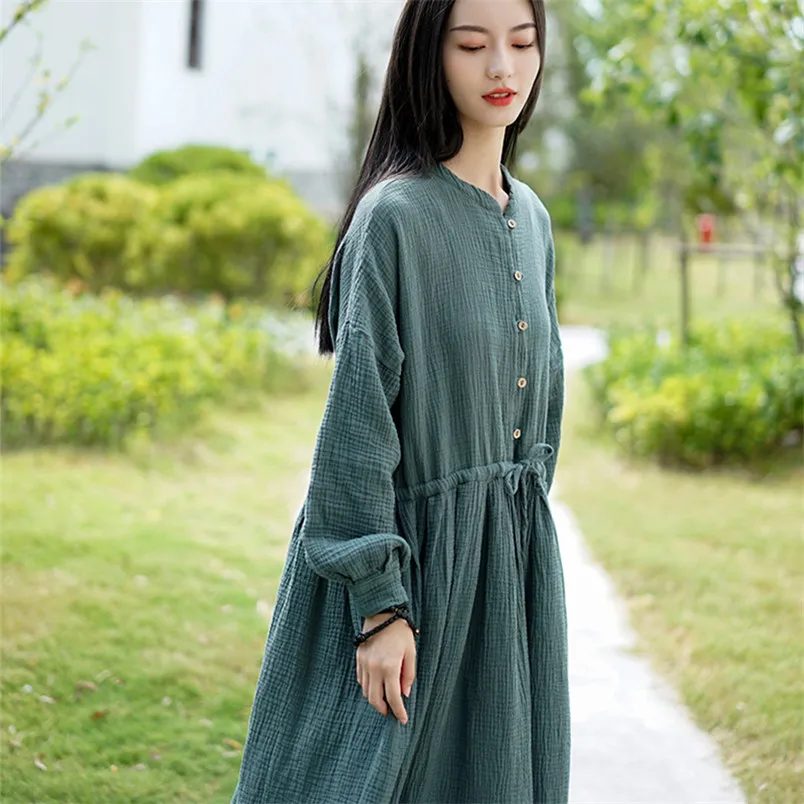 

Elegant Vintage Cotton Linen Long Dress Full Sleeve Button Stand Collar Loose Dress Women Casual Soft Casual Dress Vestidos