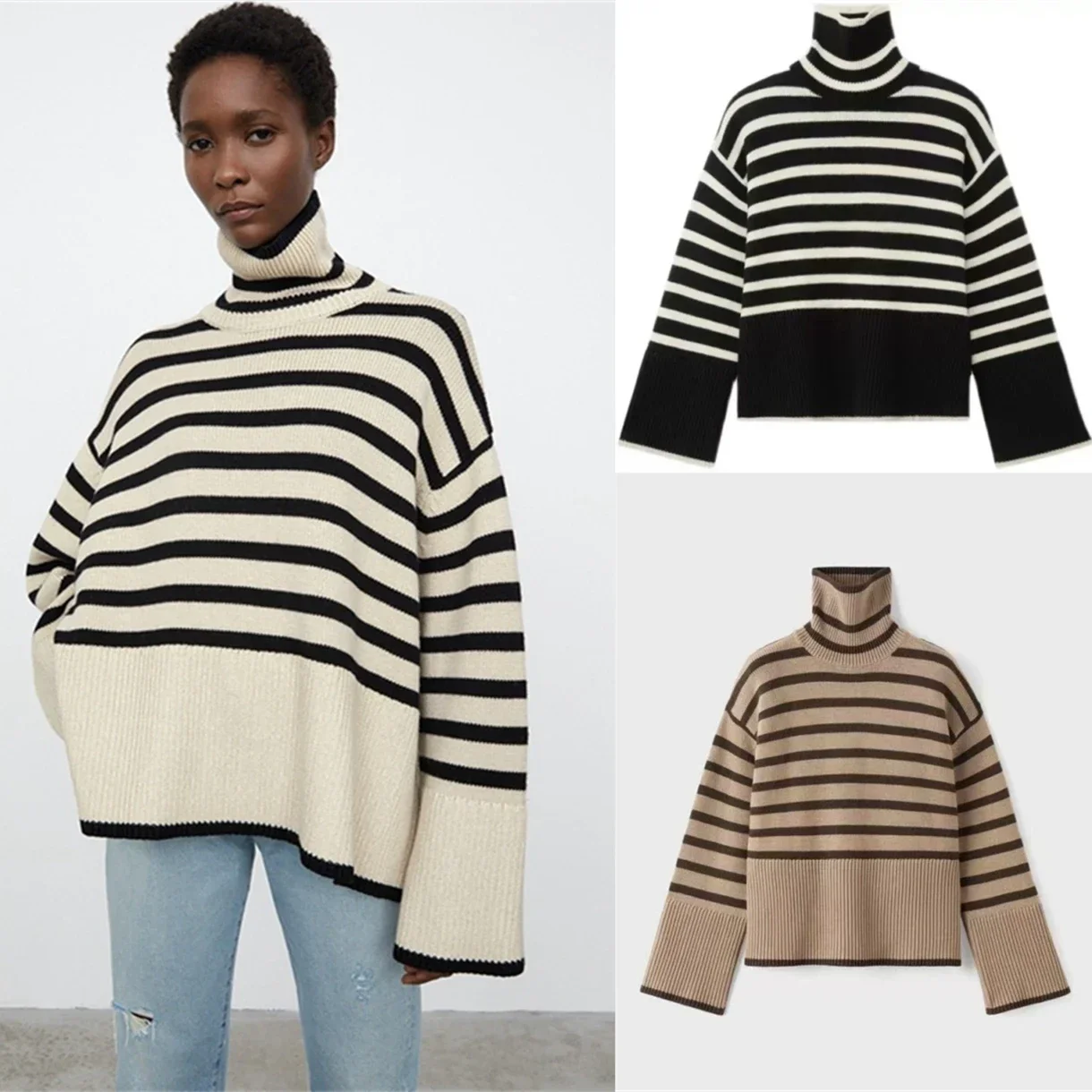 

ANNECY Women's Sweater High Neck Wool Classic Stripe Splice Knitwear Slouchy Top Winter TOTEM* .