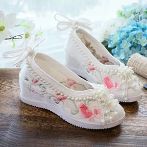 Floral Embroidery Hidden Heels Wedge Shoes Pearls Tassels Chinese Wedding Cheongsam Red Hanfu Oriental Ancient Women Round Toe