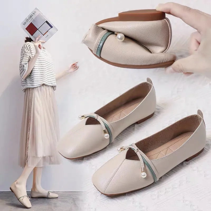 

Flat sole single shoes women's 2023 new summer style soft leather bean shoes soft sole square head Mary Jane women's shoes