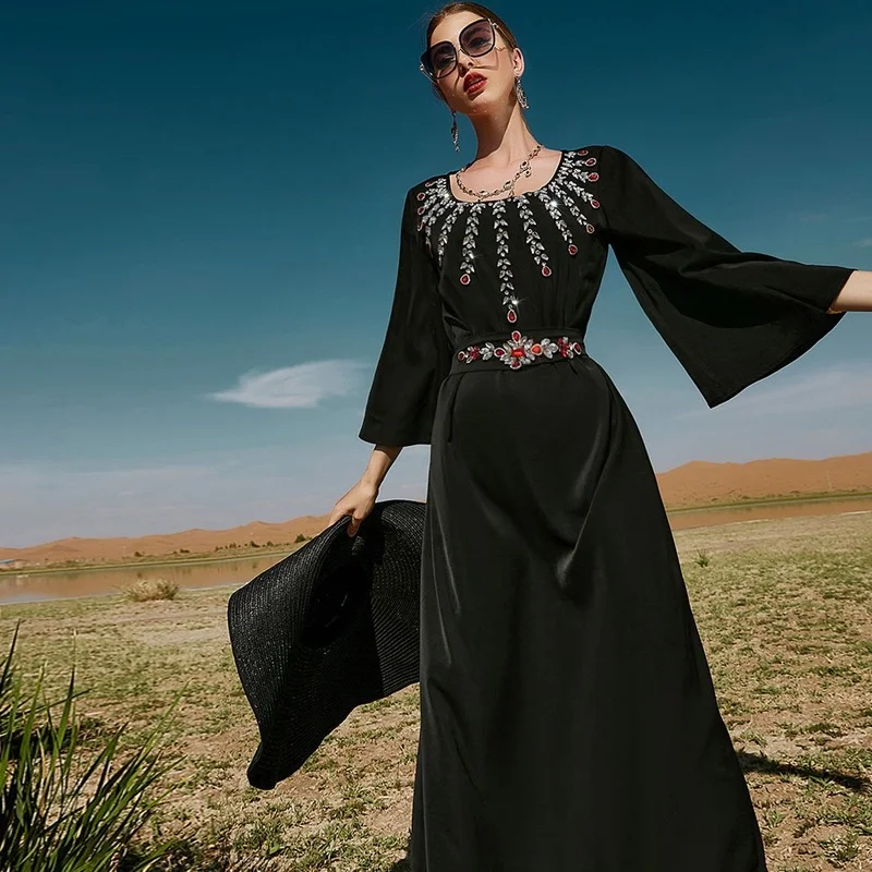 Black Morocco Kaftan Women Muslim Dress with Belt Saudi Arabia Jalabiya Handcraft Diamond Dubai Abaya Party Islam Modest Clothes