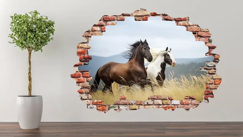 

Horses With Ball In Mouth Wall Decal Art Decor 3D Smashed Sticker Poster Room Mural A-303