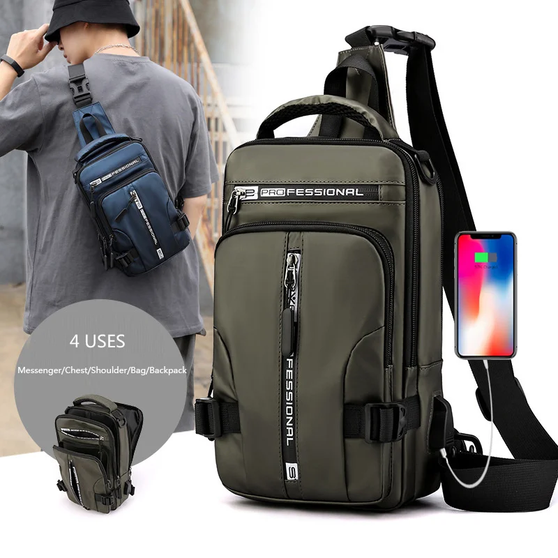 

Men Nylon Backpack Rucksack Cross body Shoulder Bag with USB Charging Port Travel Male Knapsack Daypack Messenger Ch Bags New
