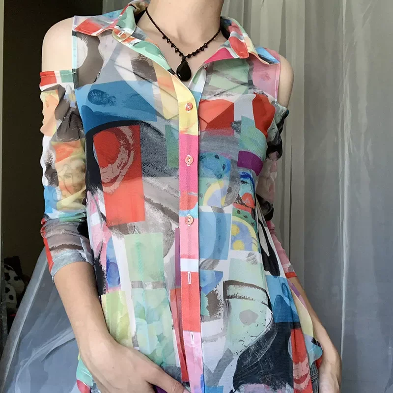 

Grunge Fairycore Vintage Print Long Sleeve Shirt Y2k Esthetics Women’s Perspective Lapel Single-breasted Blouse Street Cardigan