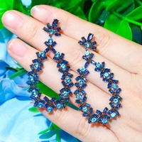 drop dangle cluster flower leaf dark blue cubic zircon crystal long party earrings for women designer jewelry
