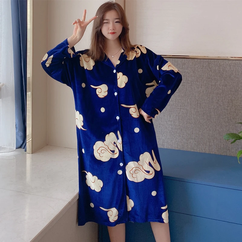 Spring Women Girl Fashion Velvet Pajamas Dress Clouds Print Sleep Wear