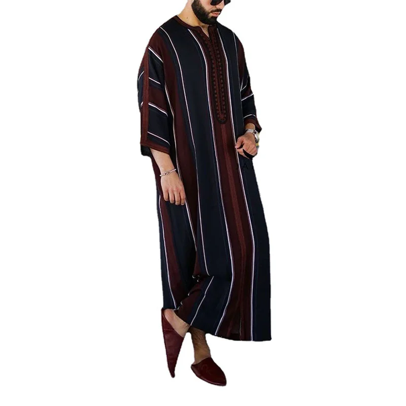 Indian National Style Long Shirt Men's Three Quarter Sleeves Round Neck Stripe Loose Splicing Mens Robe De Moda Musulmana