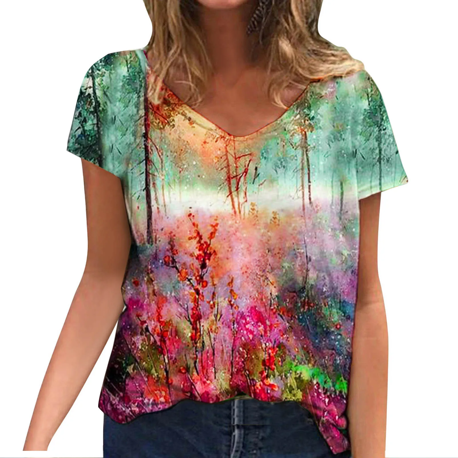 

Женская футболка с цветочным принтом, V-образным вырезом и коротким рукавом