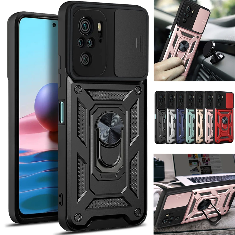 

For Xiaomi Redmi Note 10 10S Case Slide Camera Armor Phone Cases For Redmi Note 10 Pro Max Note10 S Car Holder Ring Back Cover