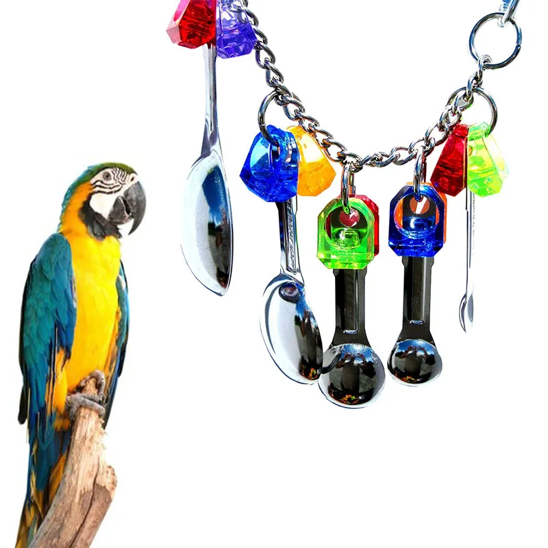 

Parrot bites toy parrot toy bird toy metal spoon string toy Sound Reflective toy