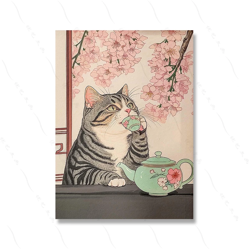 

Черный кот, питьевой чай, японский художественный принт, настенный декор, нейтральный минималистичный эстетический настенный художественный постер, уникальный подарок для любителей кошек