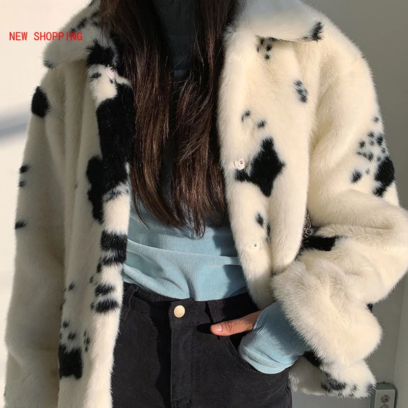 Winter White Faux Fur Coat Women Short Turn-down Collar Thick Warm Overcoat Korean Kawaii Sweet Cow Pattern Plush Coats Mink Fur