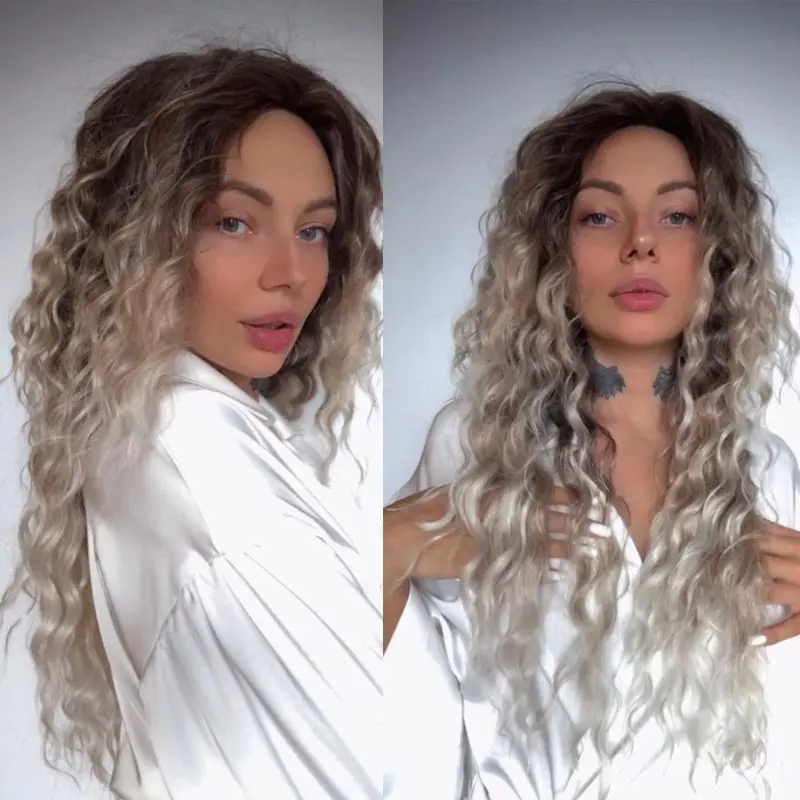 

Женский синтетический парик с длинными вьющимися волосами, парик с коричневыми корнями и Омбре, светлые вьющиеся волнистые волосы, Женский ...