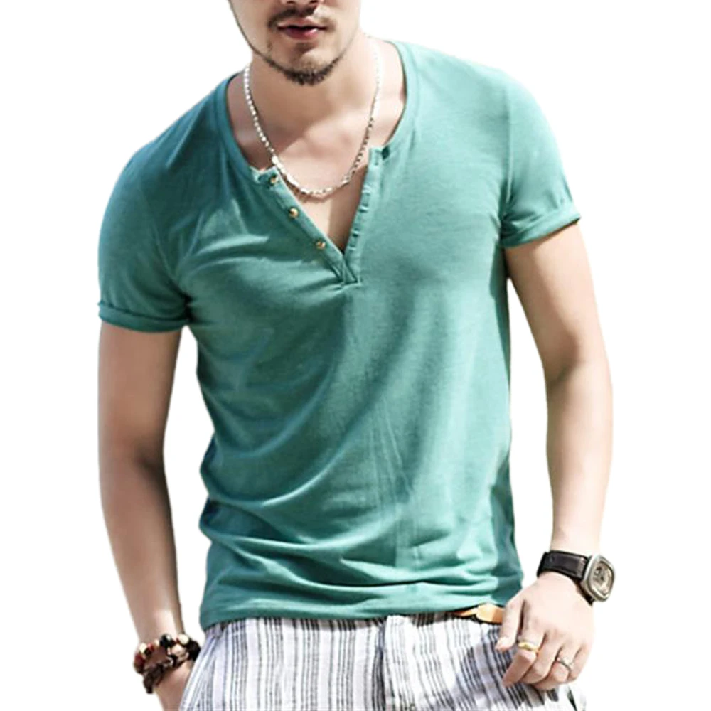 

Мужская одежда, тонкая летняя мужская футболка, однотонная мужская Спортивная футболка с V-образным вырезом для фитнеса, Повседневная футбо...