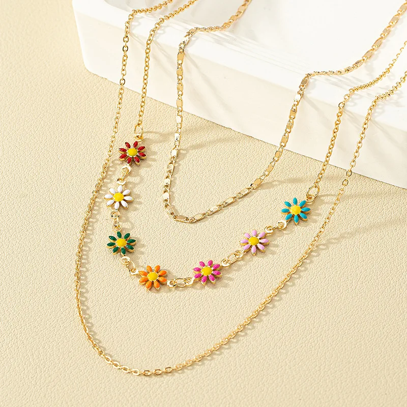 

G&D Luxury Exquisite Retro Three Layers Overlay Colorful Drip Oil Flower Clavicular Chain Necklace For Women Jewerly Party Gift