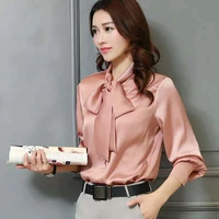 elegant fashion bow loose long sleeve satin blouse spring autumn casual pullovers solid color commute womens clothing shirt