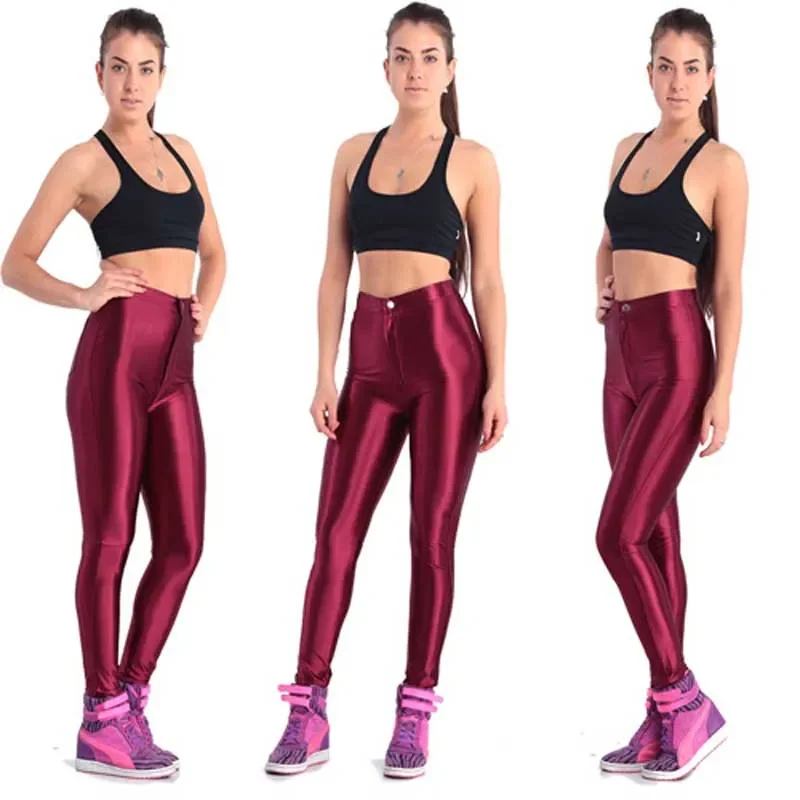 

New Solid Fluorescent Leggings Women Shiny Legging Female Elastic Pant Sporty Clothes
