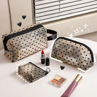 mesh cosmetic makeup bags case holder cute transparent zipper black heart printed pencil pen case pouch convenient to carry