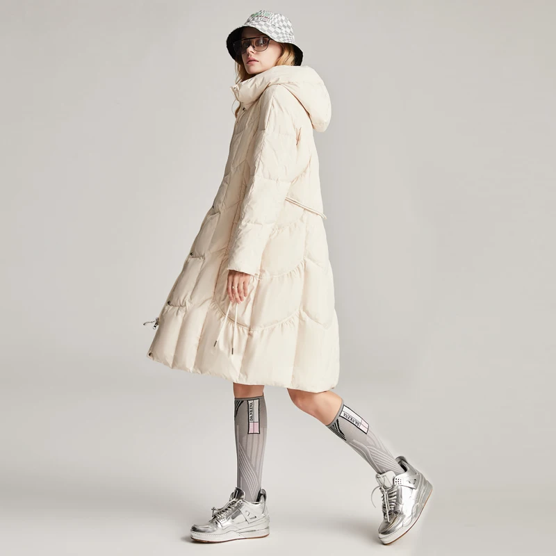 JAZZEVAR 2022 New Ladies Hooded Drawstring Waist Slim-fit Mid-length Winter Down Jacket Women's Warm Outwear