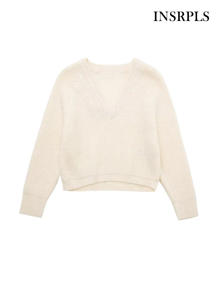 

INSRPLS Women Fashion Cropped Knit Sweater Vintage V Neck Long Sleeve Female Pullovers Chic Tops