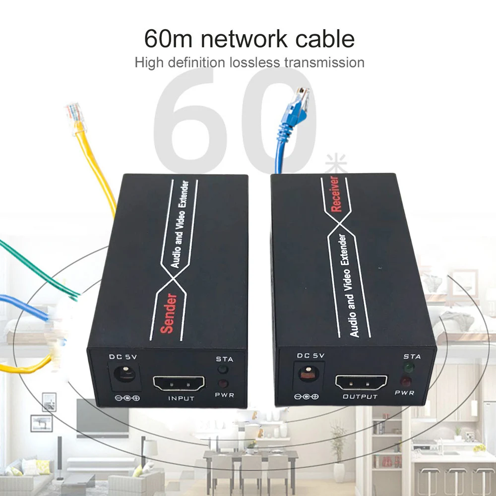 Фото Удлинитель HD 1080P на 60 м, ретранслятор HD через кабели Ethernet Cat 6/Cat 7 с функцией EDIID, передатчик/приемник RJ45, удлинитель HDTV №4