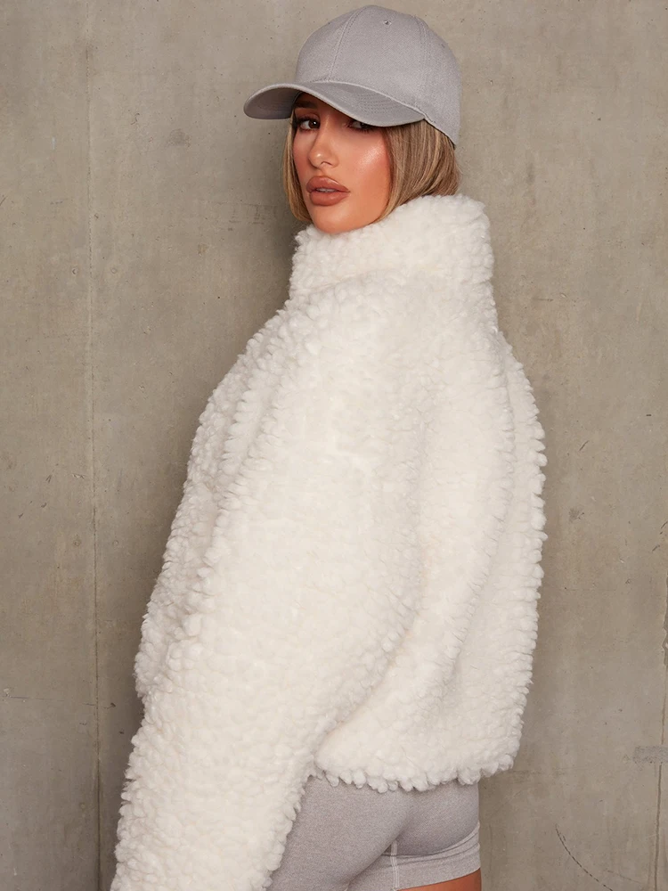 Women Winter Thicken Warm Teddy Fur Jacket Coat Casual Fashion Zipper Pocket Long Sleeve Loose Outerwear Female Ins Hot Sale Top