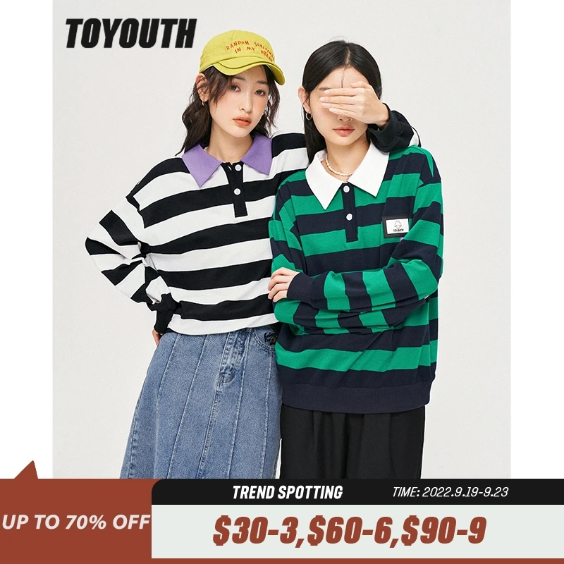 Toyouth-sudaderas holgadas de manga larga con cuello tipo Polo para mujer, ropa de calle informal con rayas y contraste de Color, Otoño, 2022