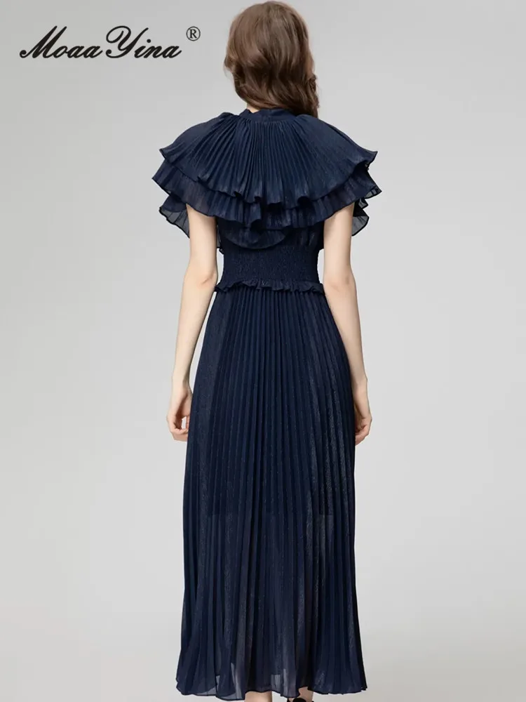 MoaaYina весеннее модное подиумное темно-синее винтажное плиссированное платье для