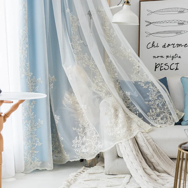 

Korean curtains for girls Living room bedroom pastoral sheer tulle blackouts windows treatment embroidered romantic 02