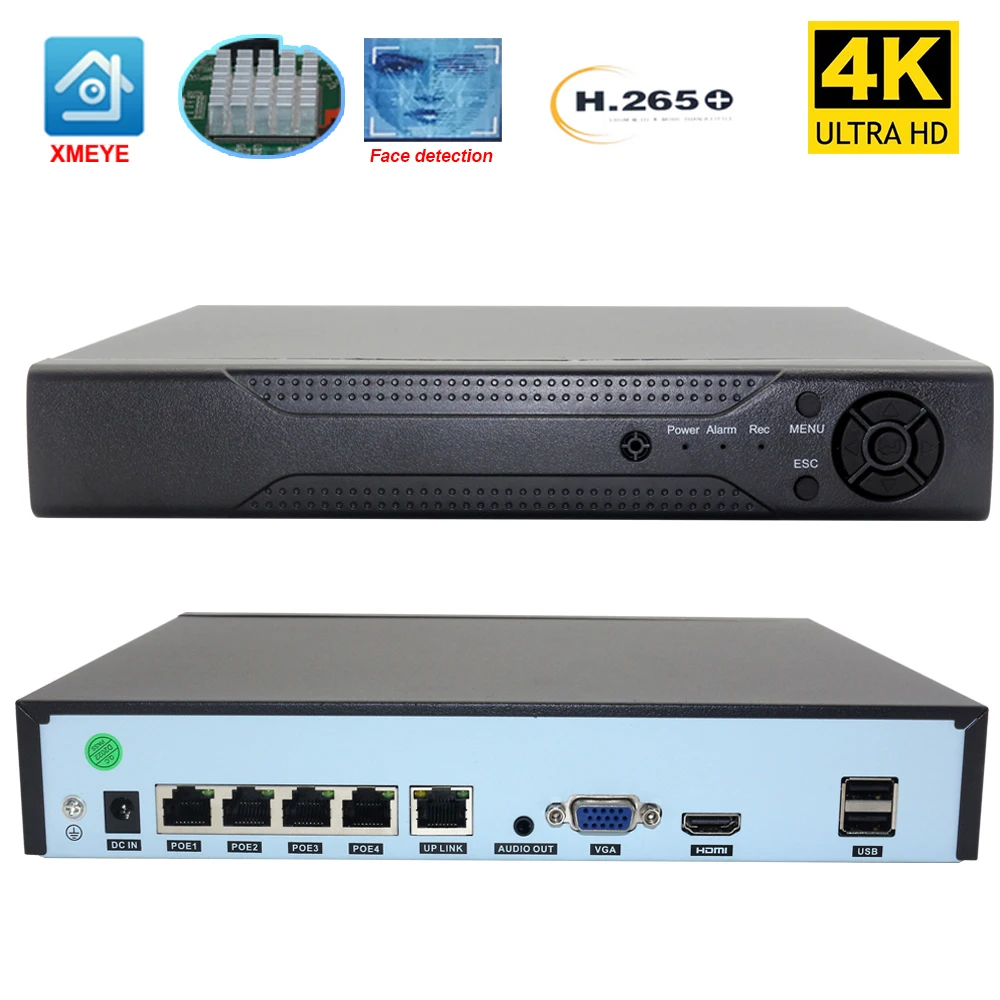

Сетевой видеорегистратор Xmeye, 4-канальный сетевой видеорегистратор 4K POE NVR с функцией распознавания лица, аудиовыходом, P2P для камеры видеонаблюдения 8 Мп, 5 МП, 1080P, Onvif IP