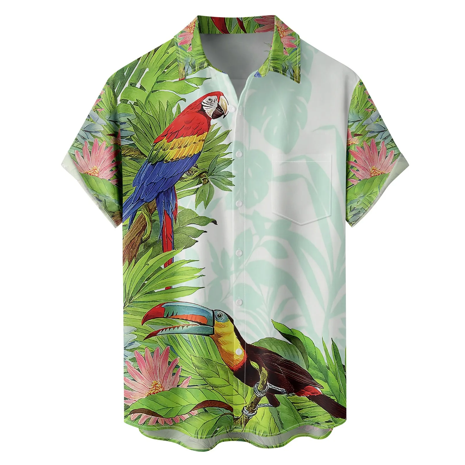 

Men's Shirt Cute Parrot Print Pullover Tops Summer Lapel Oversized Short Sleeve Button Blouse Traf Official Camisas Blusas