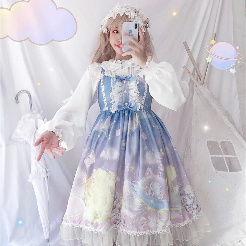 

Kawaii Print Lolita Japanese Jsk Kawaii Cute Suspender Dress Summer Sweet Lace Dress Harujuku Vintage Princess Dress
