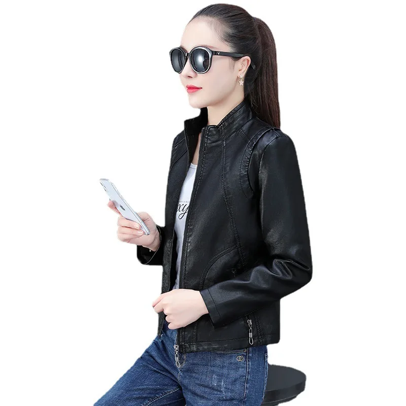 Leather Women's Spring  Autumn Short Coat 2022 Korean PU Leather Fashion Slim Leather Jacket Gray Skinny Top  Jaqueta Feminina