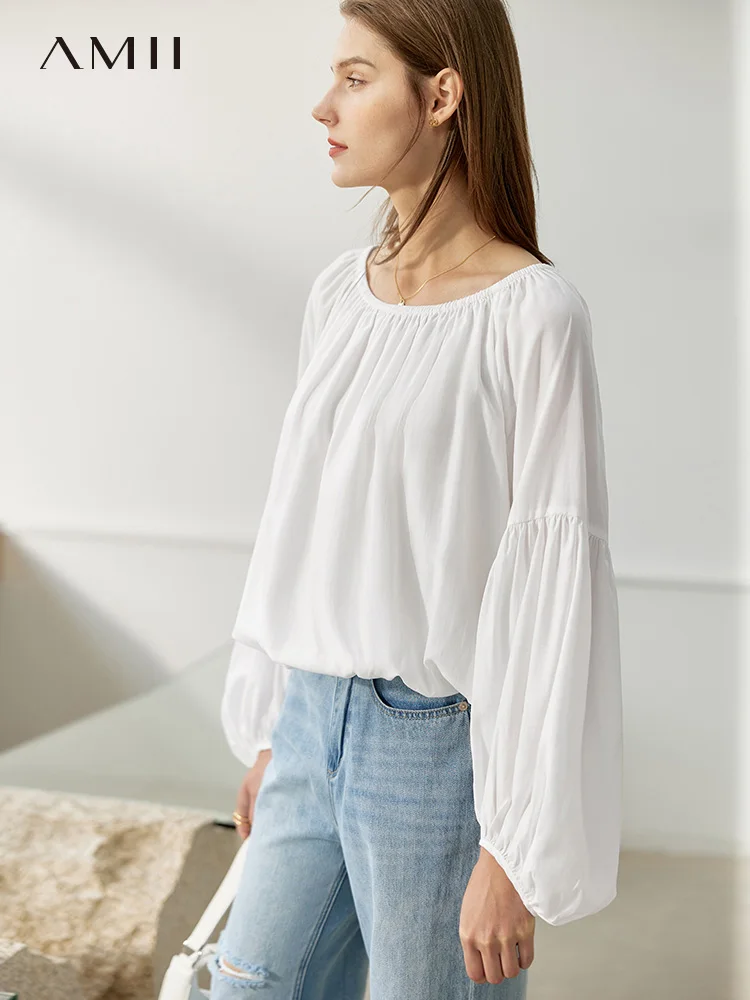 

Amii Minimalism Women Summer Autumn New One-word Neck Off-shoulder Lantern Sleeve Blouse Causal Tops Offical Lady Tops 12230093