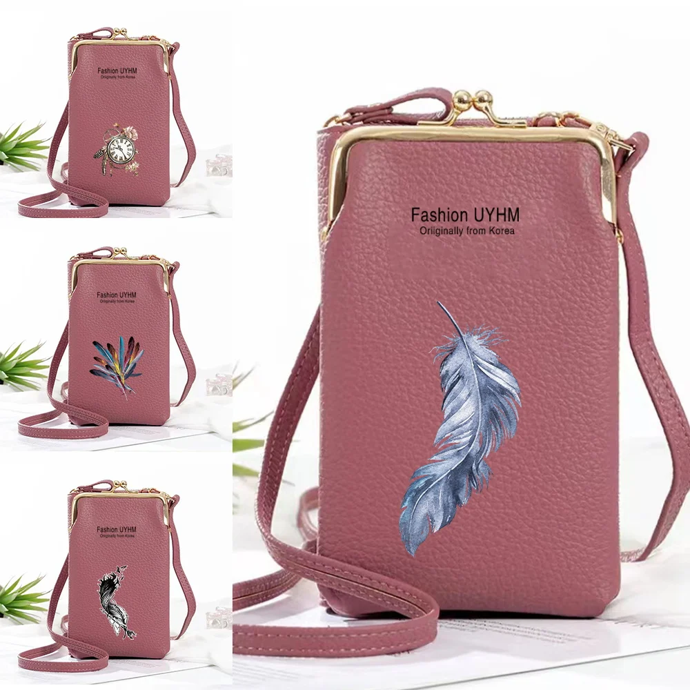 

2023 Women's Mobile Phone Bags Wallets Pu Card Holder Shoulder Bag Feather Print Purse for Apple/Huawei/Samsung Cell Phone Pack