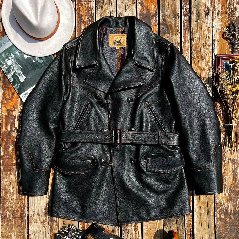 

Tailor Brando European Size Teacore Two-Tone Cowhide Mid-Length Farmer's Coat American Retro Double-Breasted Leather Trench Coat