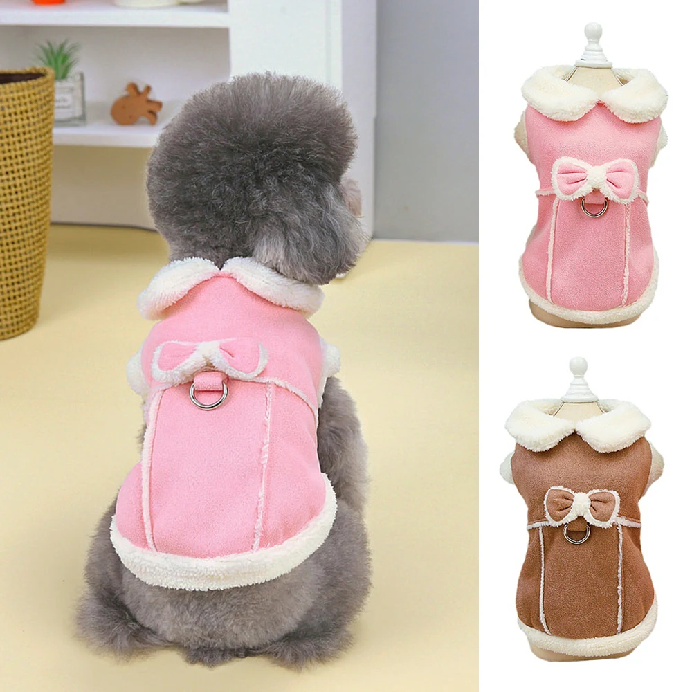 

Dog Clothes Winter Kitten Vest Dog Cotton Jacket Warm Pet Coat Soft Bow Plush Puppy Accessories Towable Small Medium Dogs