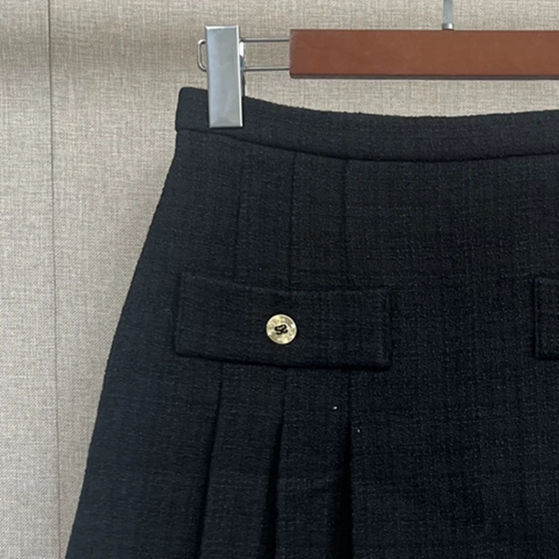 

2023 Autumn and Winter New Women Pleated Black High-waisted Tweed Skirt