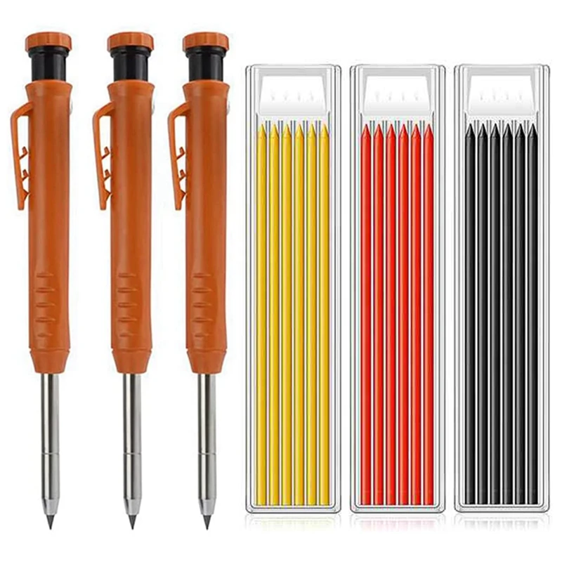 

3Pcs Solid Carpenter Pencils With 18 Refills, Woodworking Tools Deep Hole Pen Marking Tool For Woodworking Architects