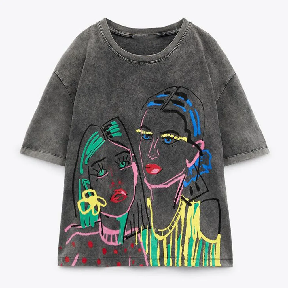 

PB & ZA 2022 summer new women's clothing fashion all-match loose gray washed effect printed short-sleeved T-shirt
