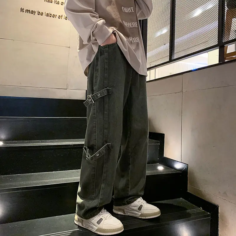 

Army green overalls men's spring American retro straight mop pants tide brand trend loose wide leg casual pants