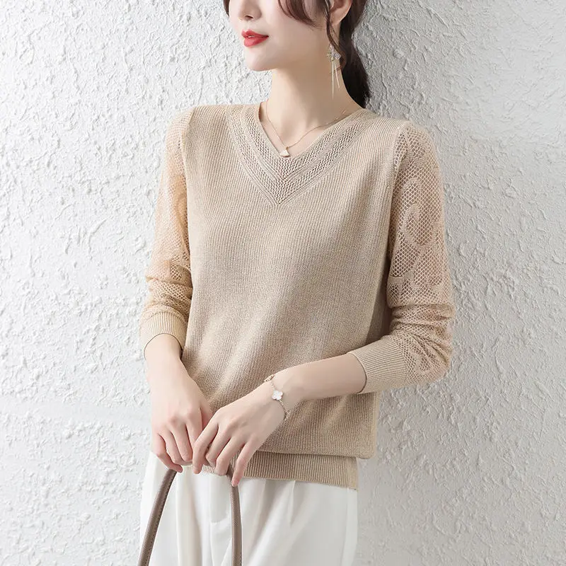 

Loose Bottoming Shirt Women's Long-sleeved T-shirt Spring and Autumn 2023 New Thin Hollowed-out Western-style Knitted Top
