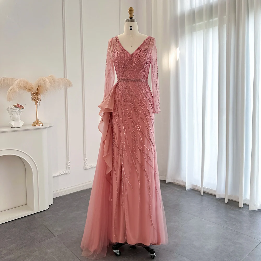 Jancember Elegant V Neck Translucent Sleeves Mermaid Evening Dress 2023 Fashionable Embroider Wedding Formal For Women SCZ063