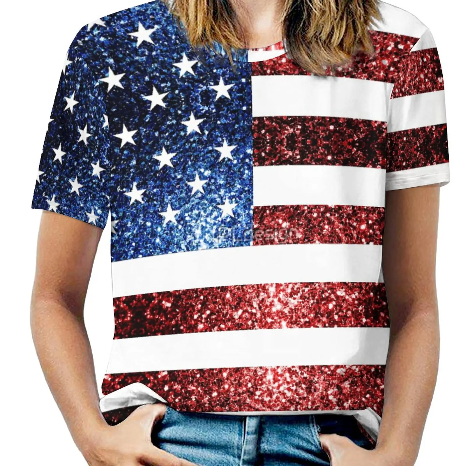 

USA Flag Red Blue Sparkles Glitters T-shirt Harajuku Movement Funny Novelty Top Tee Top Quality Aactivity Competition USA Size