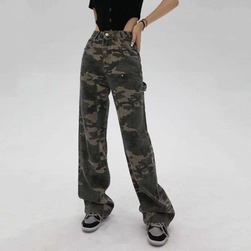 Streetwear Camouflage Jeans Woman High Waist Cargo Pants Straight Jeans Fashion Straight Baggy Pants Y2k Casual Denim Trousers