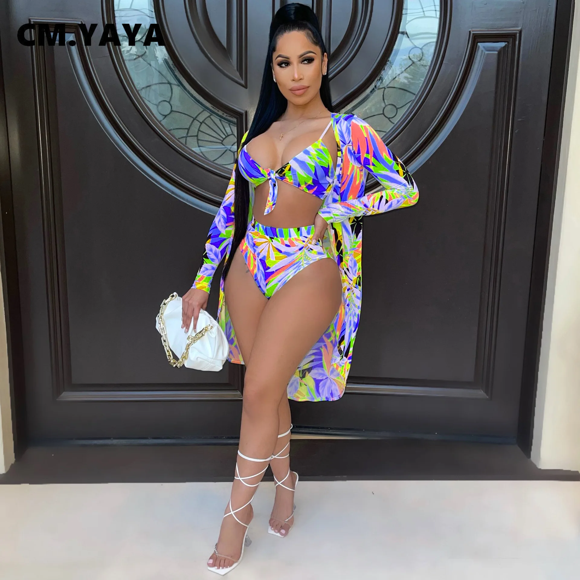 Женский пляжный комплект CM.YAYA бикини с принтом листьев сексуальный топ часами и