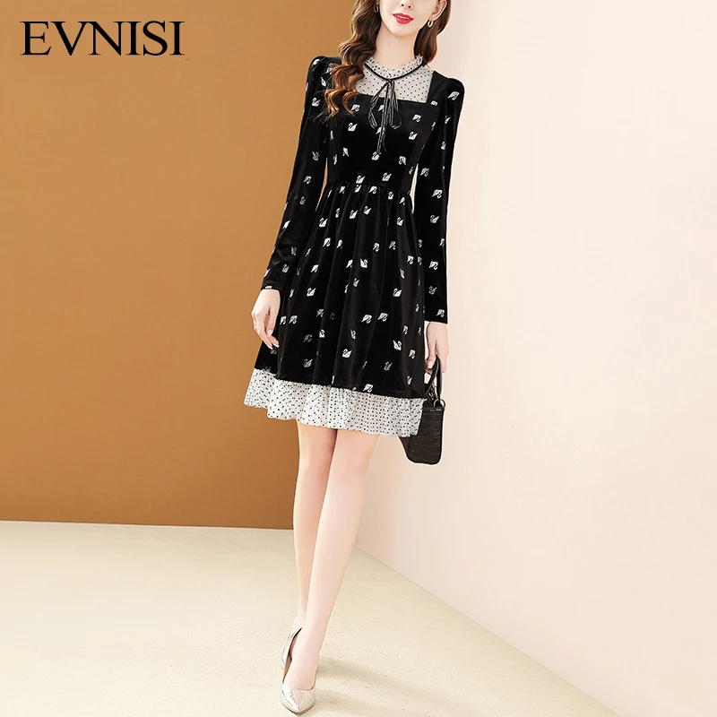 

EVNISI черное бархатное элегантное платье с круглым вырезом, женские осенние платья с газовой строчкой и рукавами принцессы, повседневные мил...