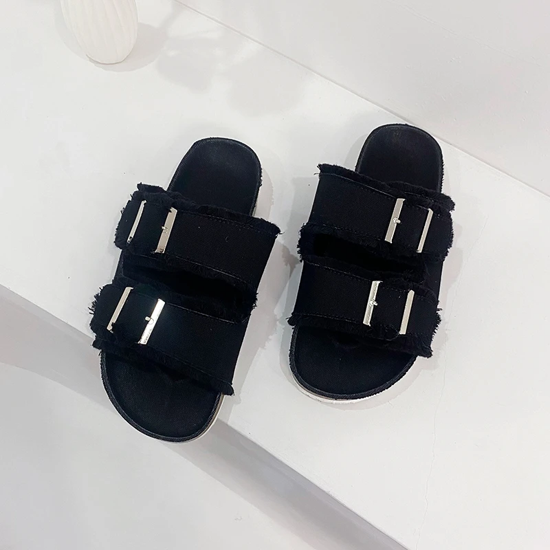 

Women Cork Slippers Fashion Double Buckle Sandals Non Slip Slides Ladies Men Casual Beach Sandas Big Size Shoes Flip Flops Wild