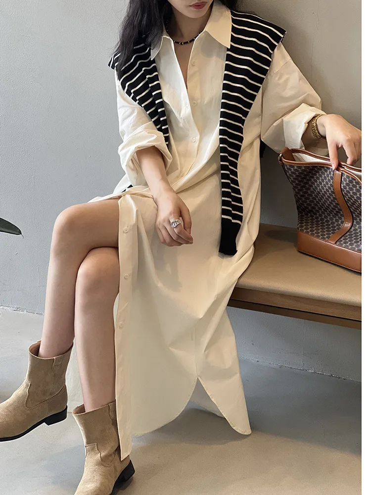 [HAIBE] Хорошее качество темпераментное длинное платье-рубашка с разрезом женское